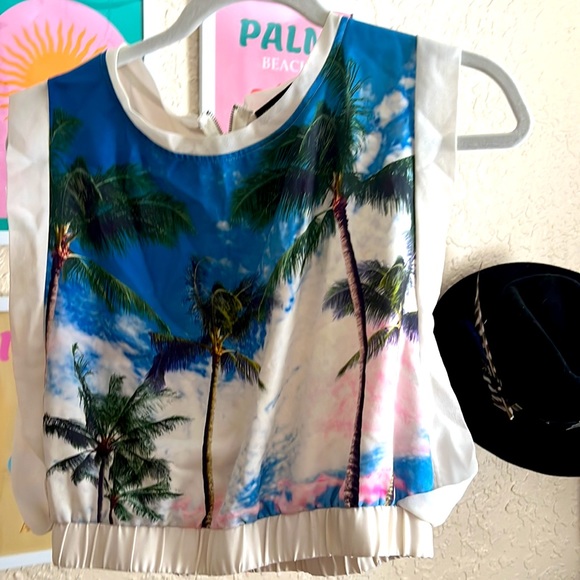 Summer blouse Palm tree tropical FL sleeveless flowy shirt tank beach white s - Picture 4 of 6